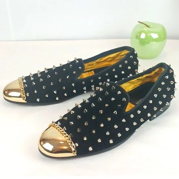 RESSO ROTH men's black suede gold studs and metal toe / chain loafers size 8