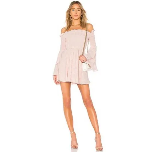 Revolve LPA Smocked Mini Dress in Blush Pink Bell Sleeves Plaid Print Size XS