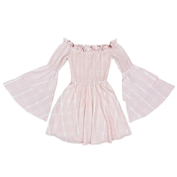 Revolve LPA Smocked Mini Dress in Blush Pink Bell Sleeves Plaid Print Size XS