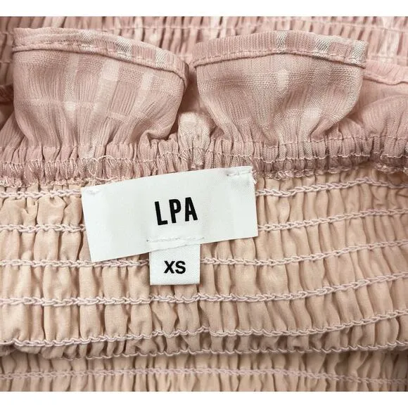 Revolve LPA Smocked Mini Dress in Blush Pink Bell Sleeves Plaid Print Size XS