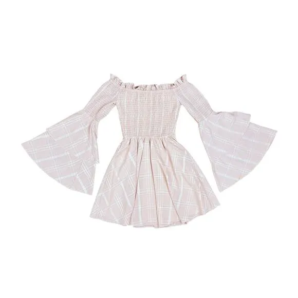 Revolve LPA Smocked Mini Dress in Blush Pink Bell Sleeves Plaid Print Size XS