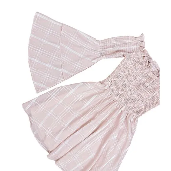 Revolve LPA Smocked Mini Dress in Blush Pink Bell Sleeves Plaid Print Size XS