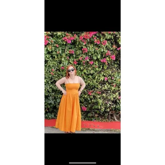 RONNY KOBO Orange Drop Waist A-Line Square Neck Midi Robin Dress Size Small