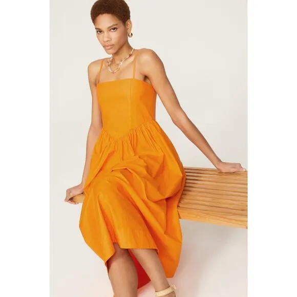 RONNY KOBO Orange Drop Waist A-Line Square Neck Midi Robin Dress Size Small