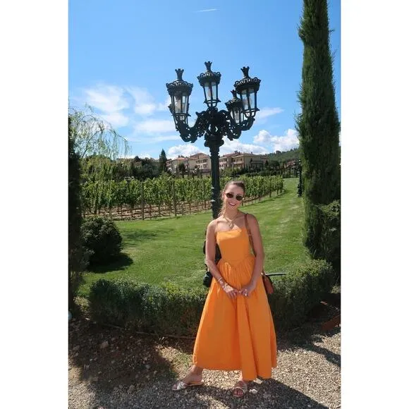 RONNY KOBO Orange Drop Waist A-Line Square Neck Midi Robin Dress Size Small