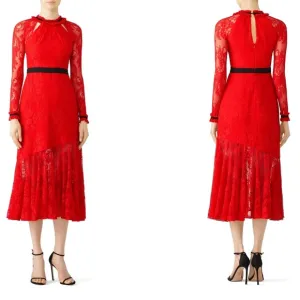 RTR‎ Three Floor Split Tease Red Floral Lace Long Sleeve Midi Dress Sz 4