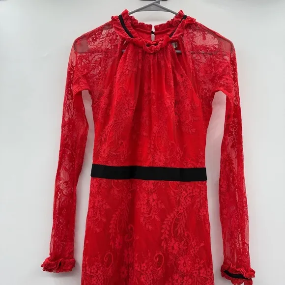 RTR‎ Three Floor Split Tease Red Floral Lace Long Sleeve Midi Dress Sz 4