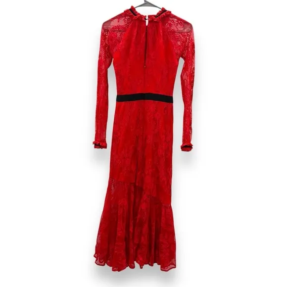RTR‎ Three Floor Split Tease Red Floral Lace Long Sleeve Midi Dress Sz 4