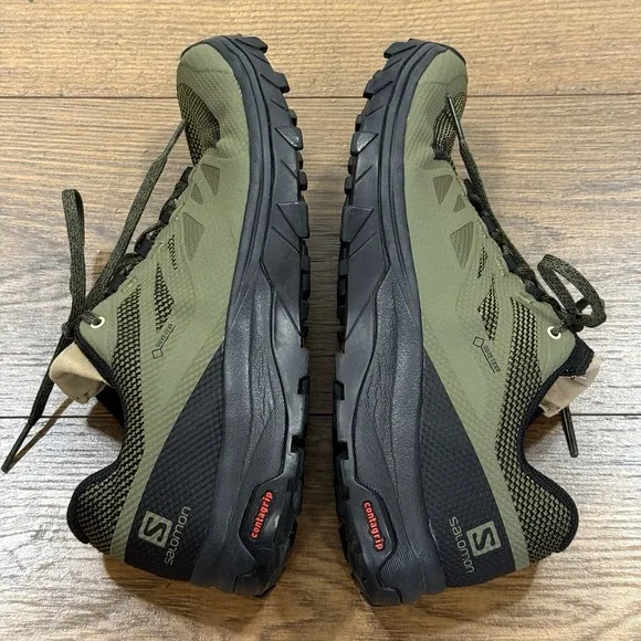 Salomon Shoes Mens 8 Outline GTX Gore Tex Green Outdoor Hiking Trail Contagrip