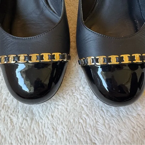 Salvatore Ferragamo Avella shoes cap toe chain link pumps heels black size 9
