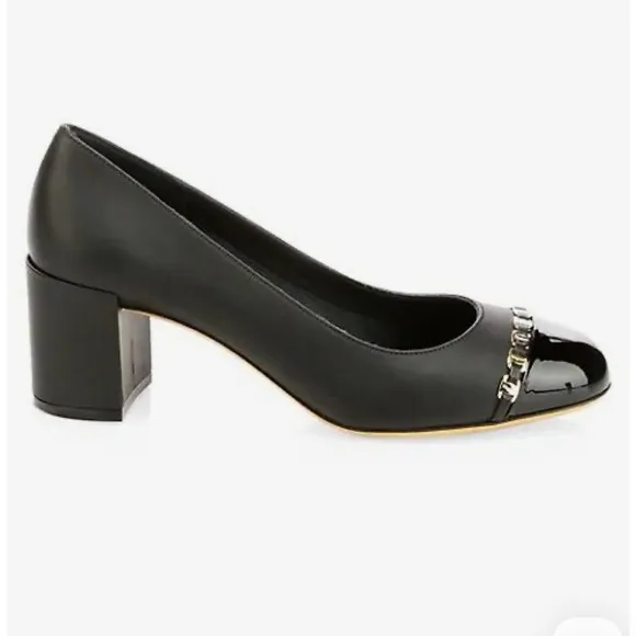 Salvatore Ferragamo Avella shoes cap toe chain link pumps heels black size 9