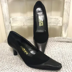 Salvatore Ferragamo Black Suede and Leather Pumps