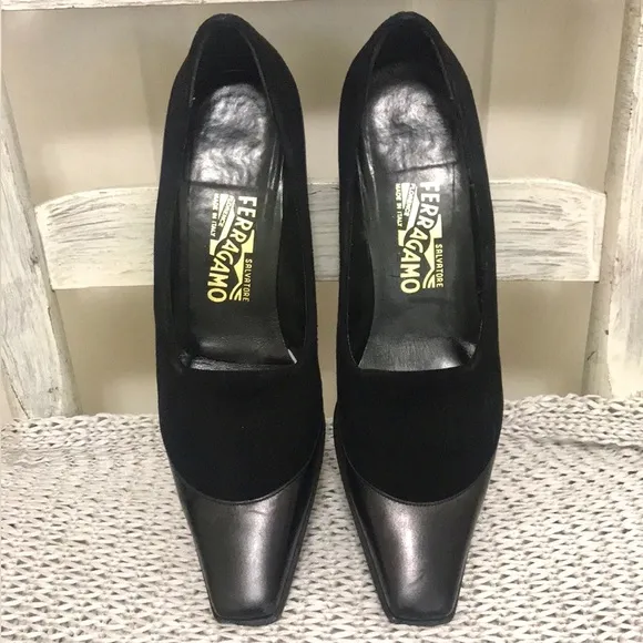 Salvatore Ferragamo Black Suede and Leather Pumps