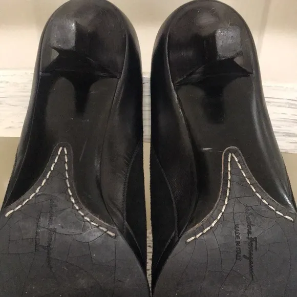 Salvatore Ferragamo Black Suede and Leather Pumps