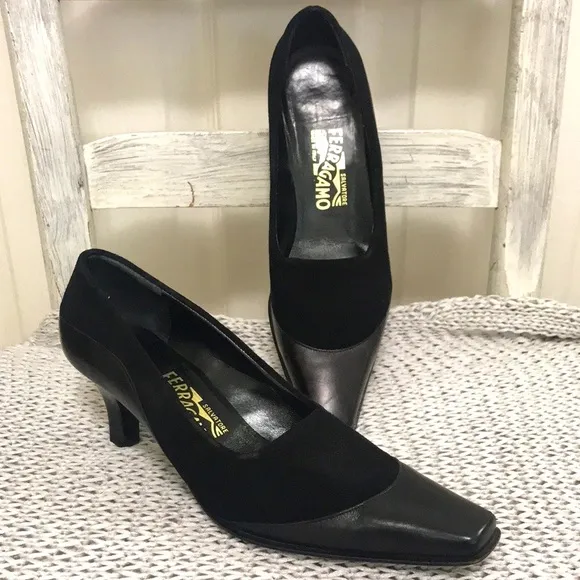 Salvatore Ferragamo Black Suede and Leather Pumps