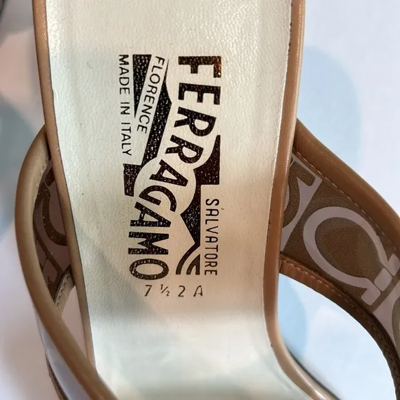 Salvatore Ferragamo Brown and Beige Gancini logo sandals, heels Size 7.5 AA