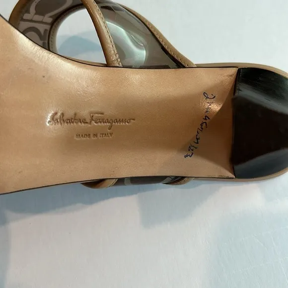 Salvatore Ferragamo Brown and Beige Gancini logo sandals, heels Size 7.5 AA