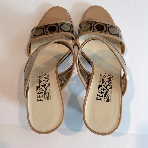 Salvatore Ferragamo Brown and Beige Gancini logo sandals, heels Size 7.5 AA