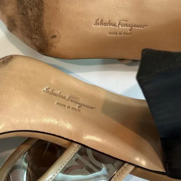 Salvatore Ferragamo Brown and Beige Gancini logo sandals, heels Size 7.5 AA