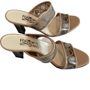 Salvatore Ferragamo Brown and Beige Gancini logo sandals, heels Size 7.5 AA