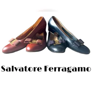 Salvatore Ferragamo Kitten Vara Bow Accent Leather Pumps Black and Brown…