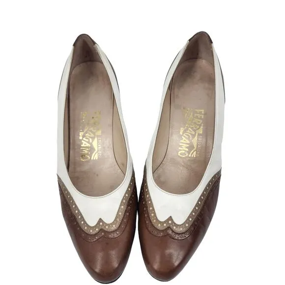 Salvatore Ferragamo Pumps Heels Shoes Slip On Wingtip White Brown Size 7.5