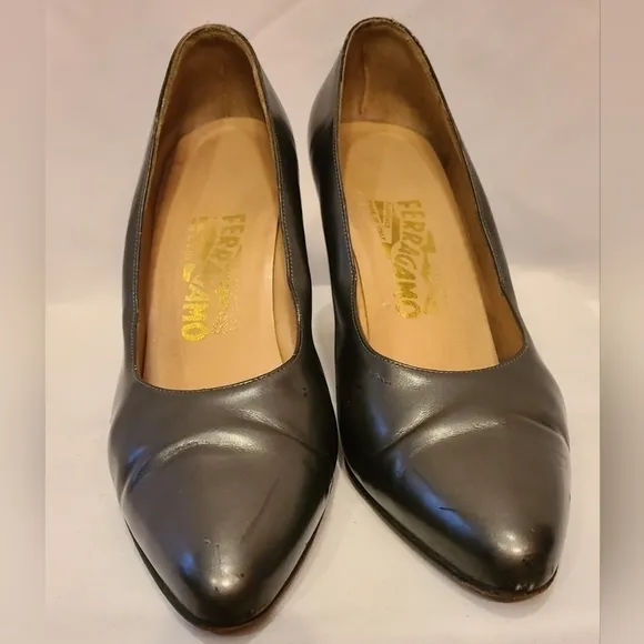 Salvatore Ferragamo Vintage Gunmetal Leather Pumps