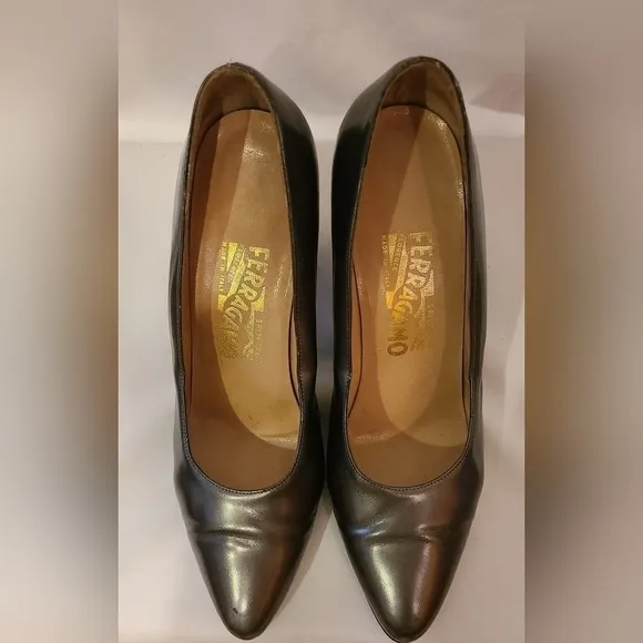 Salvatore Ferragamo Vintage Gunmetal Leather Pumps
