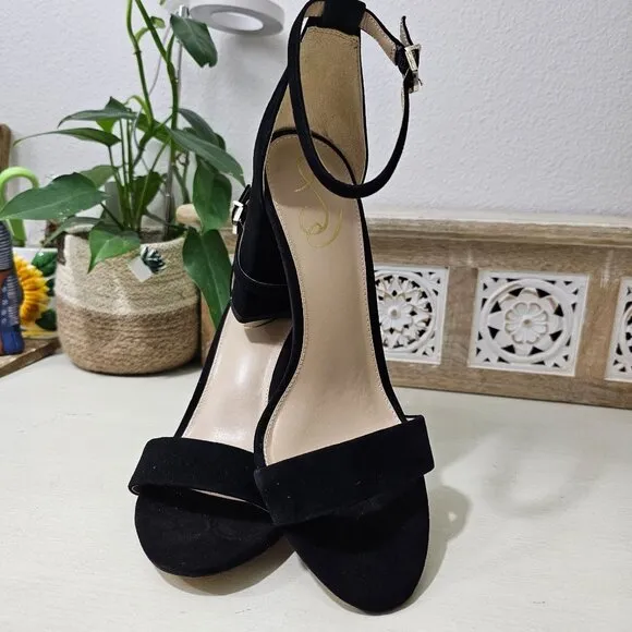 SAM EDELMAN Black Leather Suede Ankle Strap Block Heel Sandal Womens Sz 9.5 W