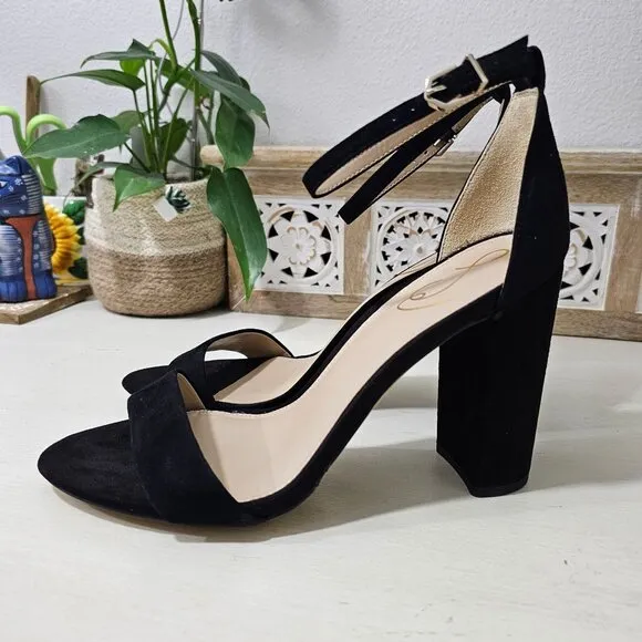 SAM EDELMAN Black Leather Suede Ankle Strap Block Heel Sandal Womens Sz 9.5 W