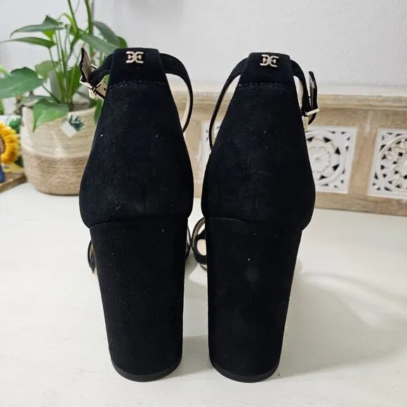 SAM EDELMAN Black Leather Suede Ankle Strap Block Heel Sandal Womens Sz 9.5 W