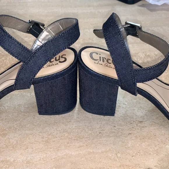 SAM EDELMAN Blue Denim Sandals, 3” block heel, ankle straps, dark wash. 9 EUC