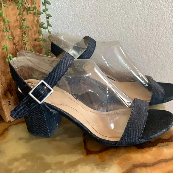 SAM EDELMAN Blue Denim Sandals, 3” block heel, ankle straps, dark wash. 9 EUC