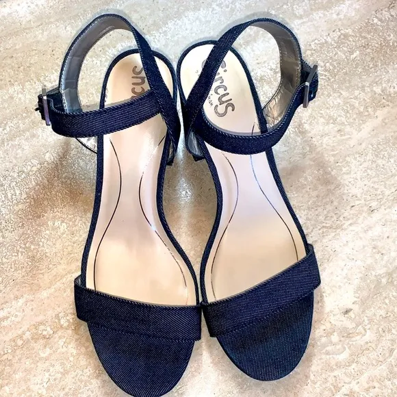 SAM EDELMAN Blue Denim Sandals, 3” block heel, ankle straps, dark wash. 9 EUC