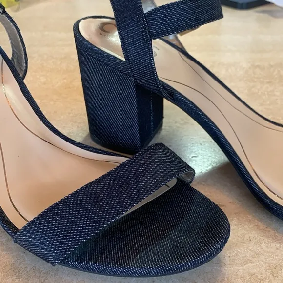 SAM EDELMAN Blue Denim Sandals, 3” block heel, ankle straps, dark wash. 9 EUC