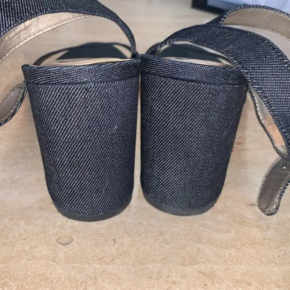 SAM EDELMAN Blue Denim Sandals, 3” block heel, ankle straps, dark wash. 9 EUC