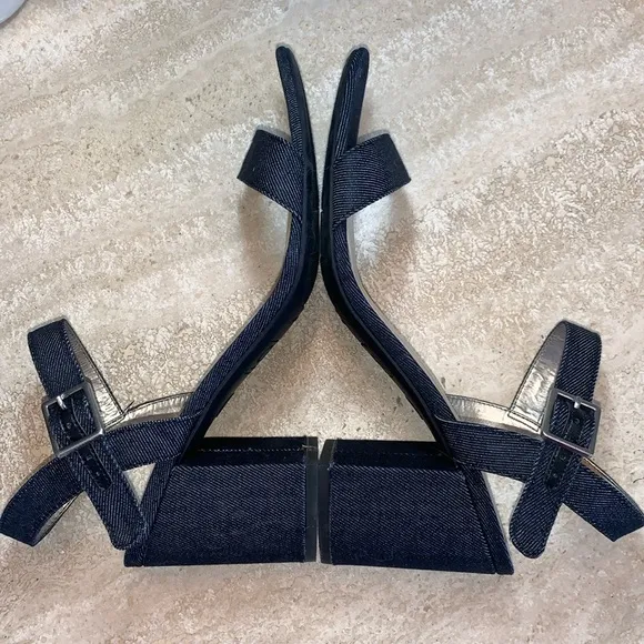SAM EDELMAN Blue Denim Sandals, 3” block heel, ankle straps, dark wash. 9 EUC