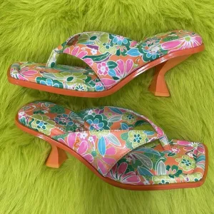 Sam Edelman Circus floral toe thong kitty heels Vibrant Orange Green pink 7 /7.5