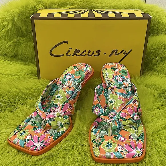 Sam Edelman Circus floral toe thong kitty heels Vibrant Orange Green pink 7.5M