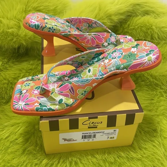 Sam Edelman Circus floral toe thong kitty heels Vibrant Orange Green pink 7.5M