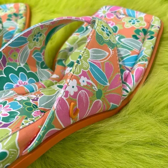 Sam Edelman Circus floral toe thong kitty heels Vibrant Orange Green pink 7.5M
