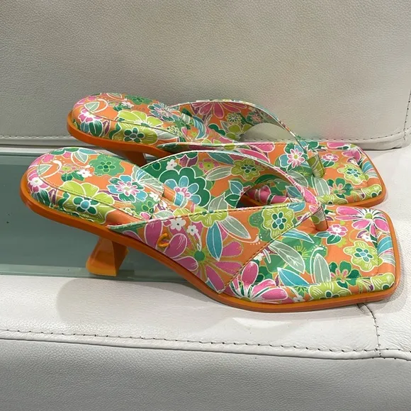 Sam Edelman Circus floral toe thong kitty heels Vibrant Orange Green pink 7.5M