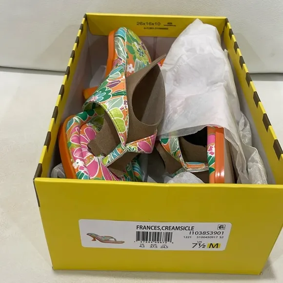Sam Edelman Circus floral toe thong kitty heels Vibrant Orange Green pink 7.5M