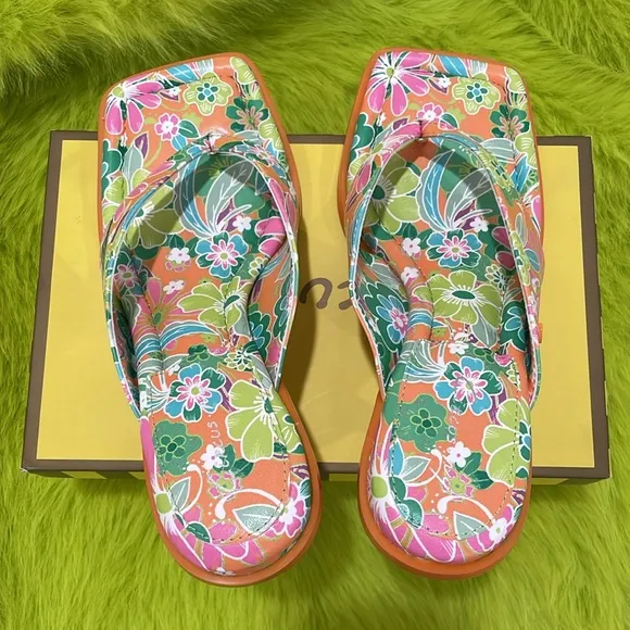 Sam Edelman Circus floral toe thong kitty heels Vibrant Orange Green pink 7.5M
