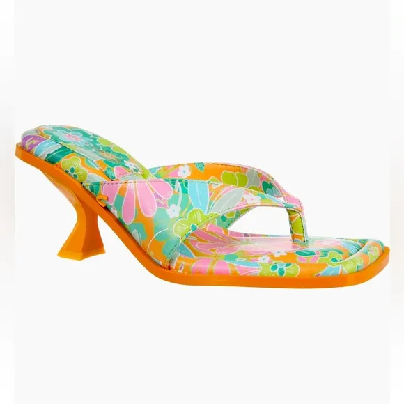 Sam Edelman Circus floral toe thong kitty heels Vibrant Orange Green pink 7.5M