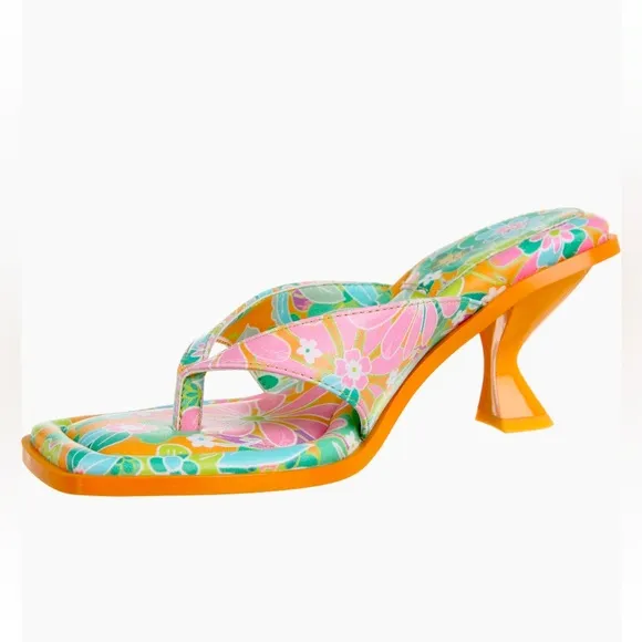 Sam Edelman Circus floral toe thong kitty heels Vibrant Orange Green pink 7.5M