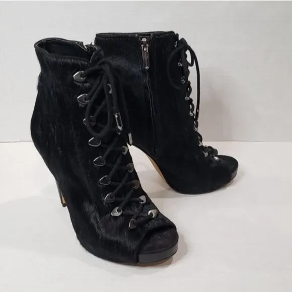 Sam Edelman Karmen Calf Hair Lace up Peep Toe High Heeled Booties Size 6.5