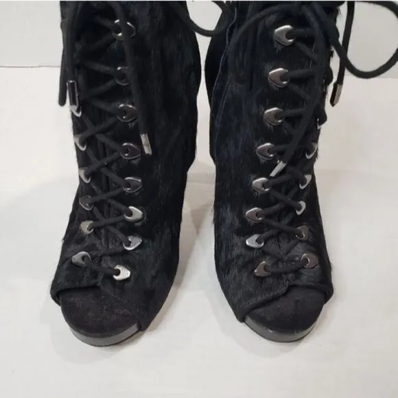 Sam Edelman Karmen Calf Hair Lace up Peep Toe High Heeled Booties Size 6.5