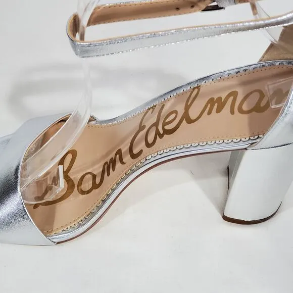 Sam Edelman Silver Yaro Ankle Strap Block Heel Sandals Wedding Party Formal 10M