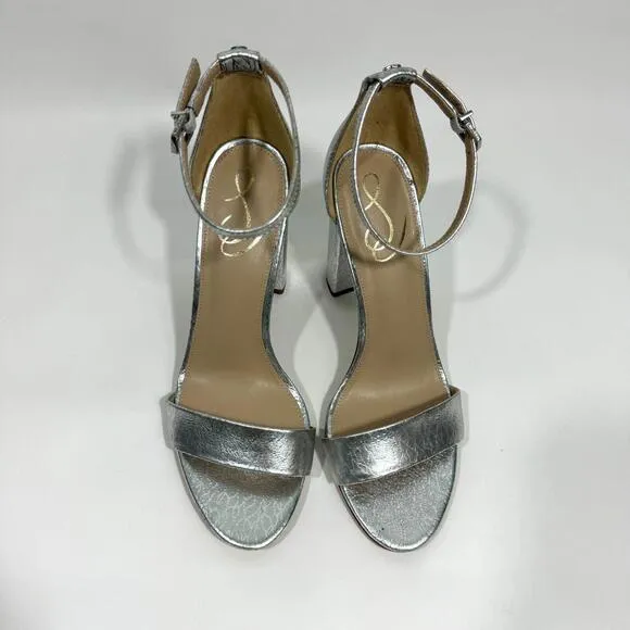 Sam Edelman Women’s Size 9 Silver Metallic Leather Yaro Ankle Strap Block Heels